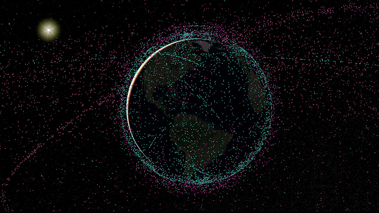 Green and pink dots mapped over Earth in darkness with a bright star in the distance